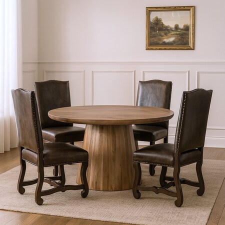 Homeroots Five Piece Brown Round Solid Wood Dining Set with Four Chairs 644515