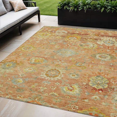 Homeroots 5' X 8' Coral Blue And Green Floral Washable Indoor Outdoor Area Rug 604073