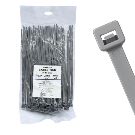 Cable Ties Unlimited Cable Tie, 8 in L, 50 lb Strength, 2.2 in Max Bundle Dia, Nylon 6/6, Gray 100PK C8-50-Gray