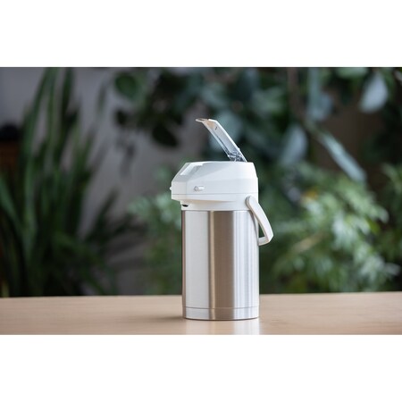 Service Ideas Airpot with Lever Lid, 2.5 Liter, Stainless Vacuum Insulated, Stainless/White CTAL25WHT