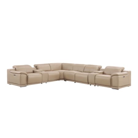 Homeroots Beige Leather Modular L Shaped Eight Piece Corner Sectional With Console 643912