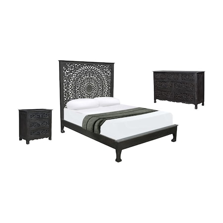 Homeroots Three Piece Black Solid Wood Bedroom Set 643647