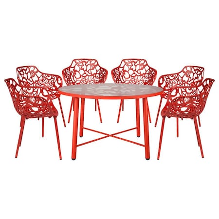 Leisuremod Devon 7-Piece Aluminum Patio Dining Set, Tempered Glass Top Table & 6 Stackable Arm Chairs, Red DT48CAR6