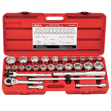 Genius Tools 28PC 3/4in Dr. Metric & SAE Hand Socket Set TW-628MS