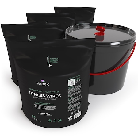 Wipex Natural Fitness Wipes 700ct Bundle, 4 Refill Rolls + XL 11-Liter Bucket, Lemongrass/Eucalyptus WX71940FLE-4-Kit-11LB