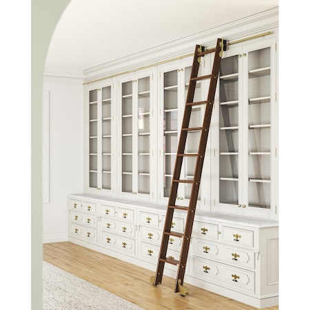 Quiet Glide 8.92 ft. Walnut Contemporary Wheel Brushed Satin Brass Rolling Ladder, 12 ft. Rail QG.240-9WA-12-H.06B