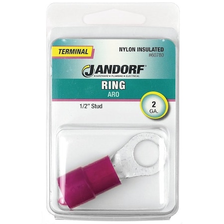 Jandorf Ring Terminal, 2 AWG Wire, 1/2 in Stud, Nylon Insulation, Copper Contact, Red 60780