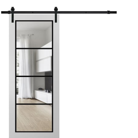 Sartodoors Sturdy Barn Door Clear Tempered Glass, Lucia 2466 White Silk and Aluminum Strips, 6.6FT Black Rail LUCIA2466BD-B-WS-32 x 80
