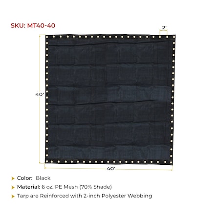 Mytee Products 40ft x40ft Black Heavy Duty 70% Shade Mesh Tarp for Outdoor with Grommets 6 Oz MT40-40
