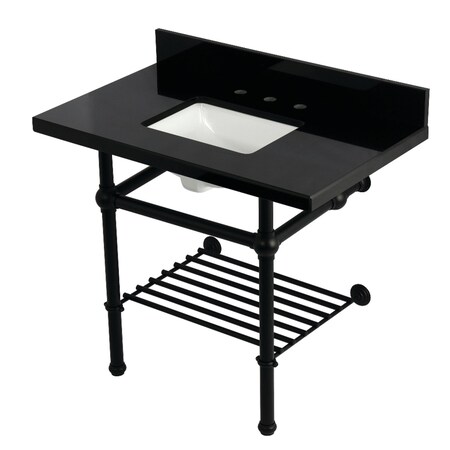 Kingston Brass 36" Black Granite Console Sink with Brass Legs and Shelf, 8-Inch, 3-Hole, Black Granite/Matte Black KVPK3630KBSQB0