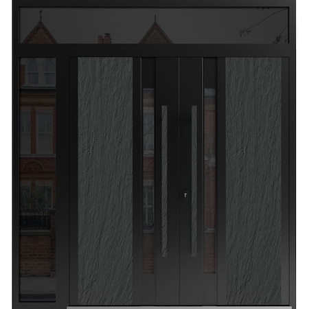Vdomdoors Aluminum Double Doors Dekton 0163 Ardesia Nero 1 Sidelight and Top Transom Entry Door Painted (W86x DEKTON0163DEXD-ARD-W72+14xH96+16-LH-I