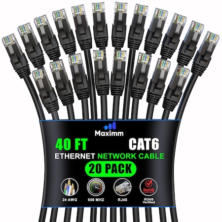 Maximm Cat6 Ethernet Cable 40ft 10Gbps 550MHz UTP, 20PK, Black, 20PK CAT6CCA-40FTBK-20PK