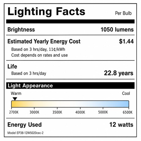 Euri Lighting PAR38 LED Bulbs, 12W, 1050 lm, 100W Eq., 2700K, E26, Dimmable, CEC/JA8/UL, 2PK EP38-12W5020cec-2