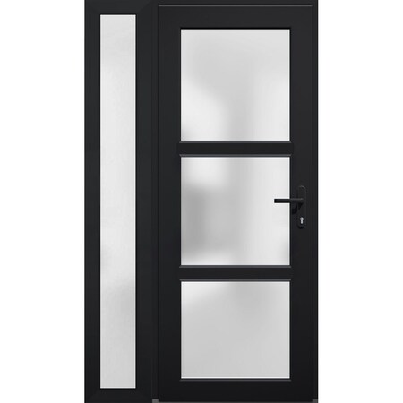 Vdomdoors Front Exterior Prehung FiberGlass Door Frosted Glass / Manux 8552 Matte Black / Sidelight Exterior MANUX8552EXD-BLK-W36+12 x H80-LH