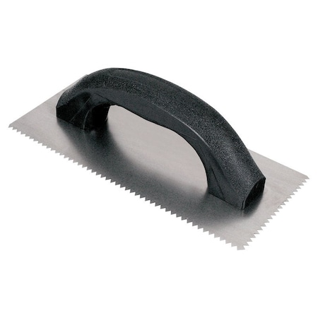 Qep Standard Notched Trowel, 9 in L, 4 in W, V Notch, Black Handle 10115