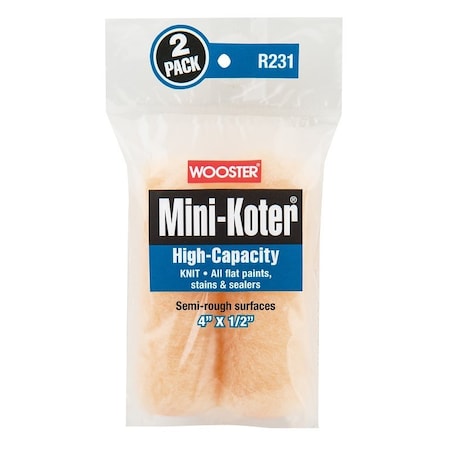 Wooster Mini Roller Cover, 1/2 in Thick Nap, 4 in L, Fabric Cover, 2/PK, 2PK R231-4