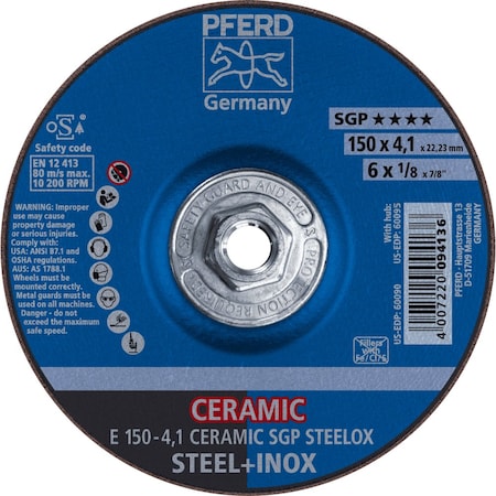 Pferd 6'' x 1/8 Grinding Wheel, 5/8-11 Thd. - CERAMIC SGP STEELOX - Type 27 60095