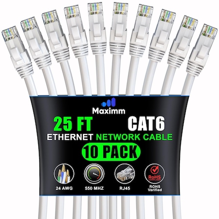 Maximm Cat6 Ethernet Cable 25ft 10Gbps 550MHz UTP, 10PK, White, 10PK CAT6CCA-25WH-10PK