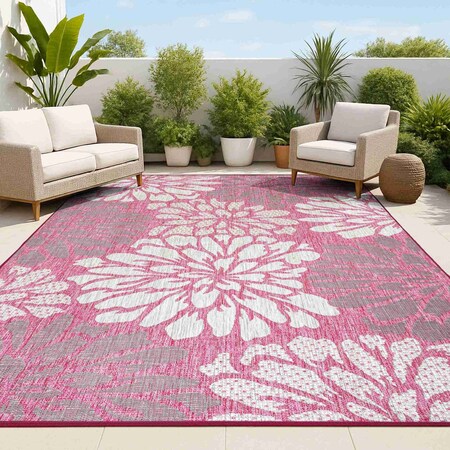 Jonathan Y Zinnia Modern Floral Textured Weave Fuchsia/Light Gray 4 ft. x 6 ft. Indoor/Outdoor Area Rug SMB110F-4