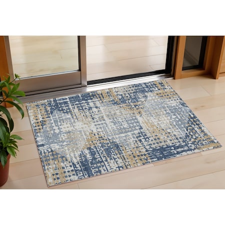 Homeroots 3' X 5' Navy Blue And Beige Geometric Washable Indoor Outdoor Area Rug 632005
