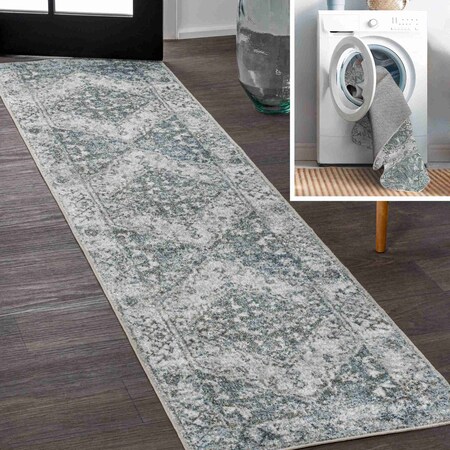 Jonathan Y Pavel Distressed Medallion Low-Pile Machine-Washable Light Gray/Blue 2 ft. x 8 ft. Runner Rug WSH317B-28