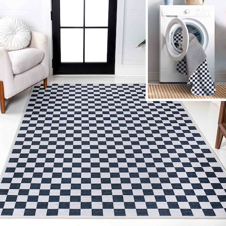 Jonathan Y Ainsley Modern Cottage Checkerboard Non-Slip Machine-Washable Dark Blue/White 4 ft. x 6 ft. Area Rug WSH126C-4