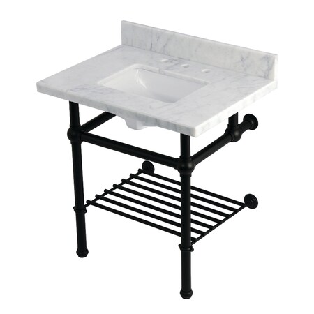 Kingston Brass 30-Inch Carrara Marble Console Sink with Brass Legs and Shelf, 8-Inch, 3-Hole KVPB3030MBSQB0