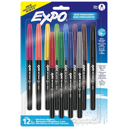 Expo Vis-a-Vis Wet Erase Markers, Fine Point, Assorted, 12 Color Set 2211379