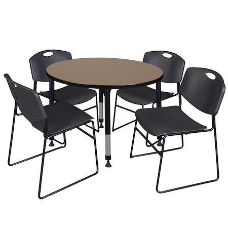 Regency Round Kee Adjustable Classroom Table W/ 4 Zeng Stack Chairs, 36 in W, 36 in L, Noble Oak TB36RNDNOAPBK44BK