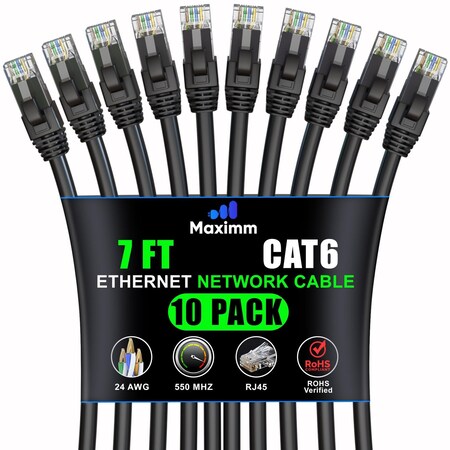 Maximm Cat6 Ethernet Cable 7ft 10Gbps 550MHz UTP, 10PK, Black, 10PK CAT6CCA-7BK-10PK