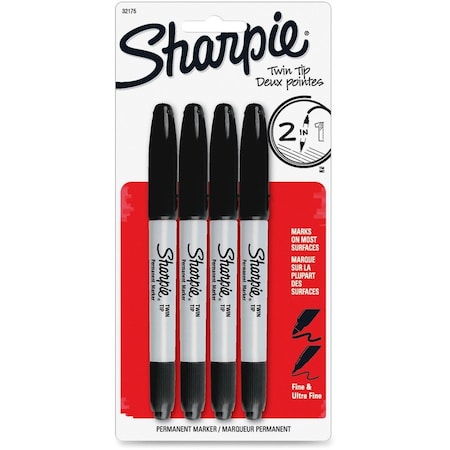Sharpie Twin Tip Permanent Markers, Fine, Ultra Fine Marker Point, Black Ink, Alcohol Based, 4PK 32175PP