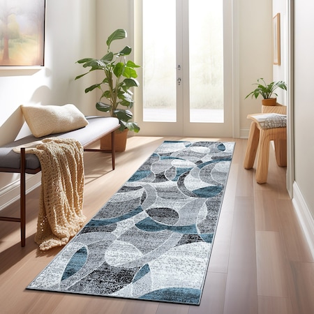 World Rug Gallery Contemporary Distressed Circle Runner Rug 2 ft x 7 ft Blue WR31BLUE2X7