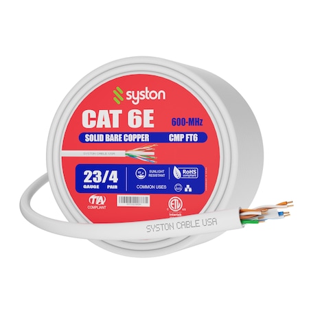 Syston Cable Technology Cat 6e Ethernet Data Cable Bulk, 50ft White, 600MHz 23AWG Solid Copper, CMP Plenum-Rated for PoE BULK1259-50WH