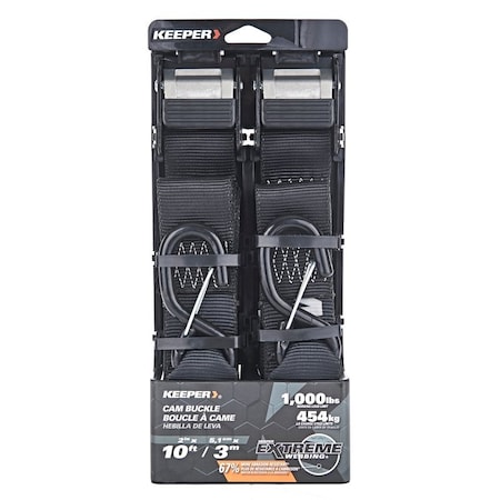 Keeper Tie-Down Cam Buckle Strap with S-Hooks, 2 in W, 10 ft L, 1000 lb Working Load, Black 47309