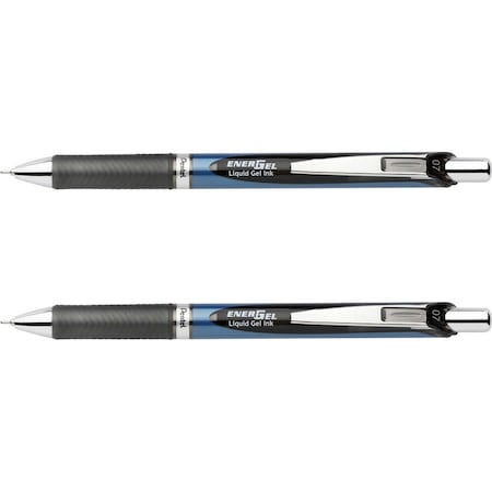 Pentel EnerGel Retractable Gel Pen, Refillable, Metal Tip, 0.7mm, Black Ink, 2/Set BLN77BP2A