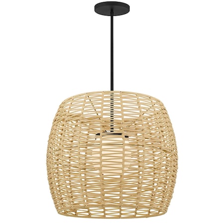 Homeroots Natural And Black Rattan And Metal LED Dimmable Barrel Outdoor Hanging Pendent Light 683475