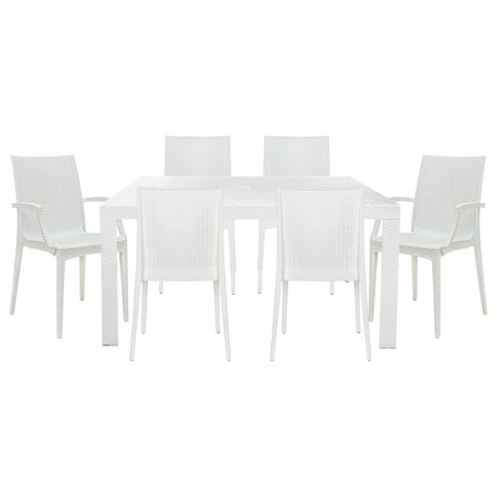 Leisuremod Mace Mid-Century 7-Piece Rectangular Outdoor Dining Set with 4 Side Chairs and 2 Armchairs, White MT55MC194A2W
