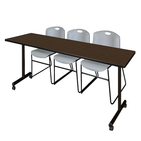 Regency Kobe Mobile T-Base Training Table W/ 2 Zeng Stack Chairs, 84 in W, 24 in L, Neo Walnut MKTRCC8424NW44GY