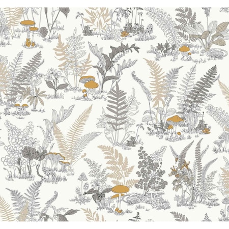 York Wallcoverings Mushroom Garden Toile Neutral and Gold Wallpaper RT7892