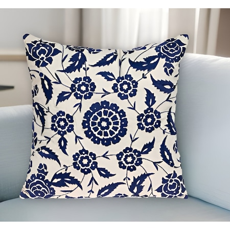 Homeroots 22" Beige and Indigo Floral Cotton Throw Pillow With Embroidery 529230