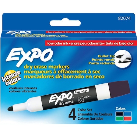 Expo Low Odor Dry Erase Markers, Bullet Tip, Assorted Colors, 4/Pk, PK3 82074