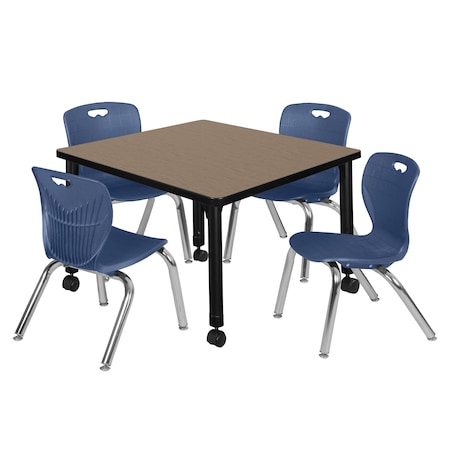 Regency Square Kee Mobile Adjustable Classroom Table W/ 4 Andy Chairs, 30 in W, 30 in L, Noble Oak TB3030NOAPCBK45NV