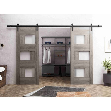 Vdomdoors Sturdy Dbl Barn Door 56 x 96in, Sete 6933 Nebraska Grey W/ Frosted Glass, 13FT Rail Hangers Heavy Set SETE6933DB-NEB-5696