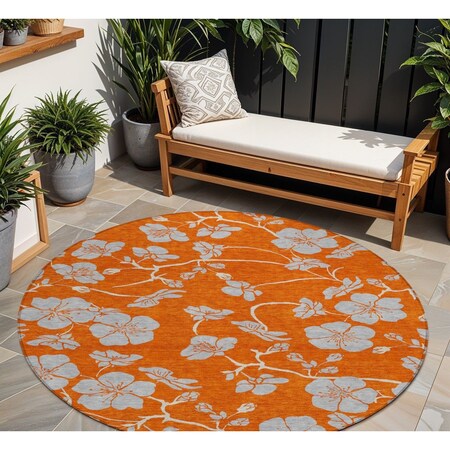 Homeroots 8' Orange And Gray Round Floral Washable Indoor Outdoor Area Rug 600032