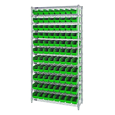 Quantum Storage Systems WIRE SHELVING UNIT W/88 GREEN BINS WR12-105GN