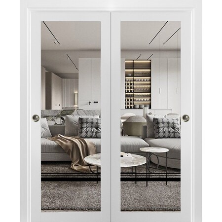 Sartodoors Sliding Closet Bypass Doors with Clear Glass, Lucia 2666 White Silk and Aluminum Strips, Sturdy Ra LUCIA2666DBD-WS-56 x 84 (2* 28x84)