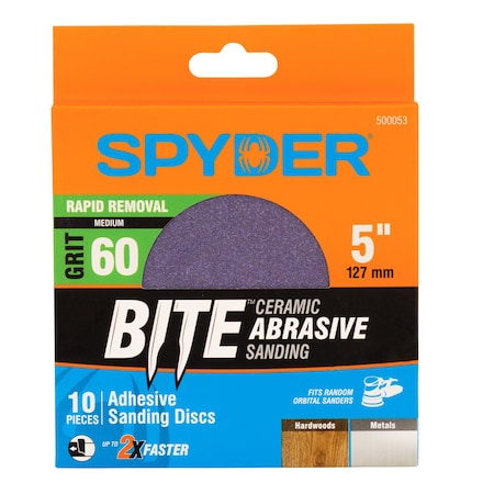 Spyder 5-Inch x No Hole 60 Grit Ceramic Pressure Sensitive Adhesive with Stearate Sanding Discs, 10PK 500053