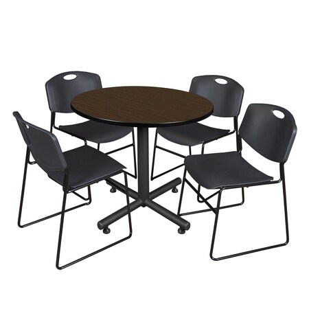 Regency Round Kobe Breakroom Table W/ 4 Zeng Stack Chairs, 42 in W, 42 in L, Neo Walnut TKB42RNDNW44BK