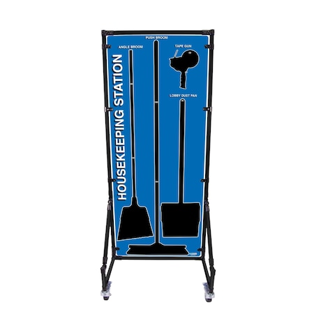 5S Supplies 5S Housekeeping Shadow Board Broom Station Version 7 - Blue Board / Black Shadows  With Broom HSB-V7-BLUE-KIT