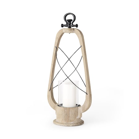 Homeroots 25" Brown Distressed Abstract Solid Wood And Metal Tabletop Lantern Candle Holder 609335